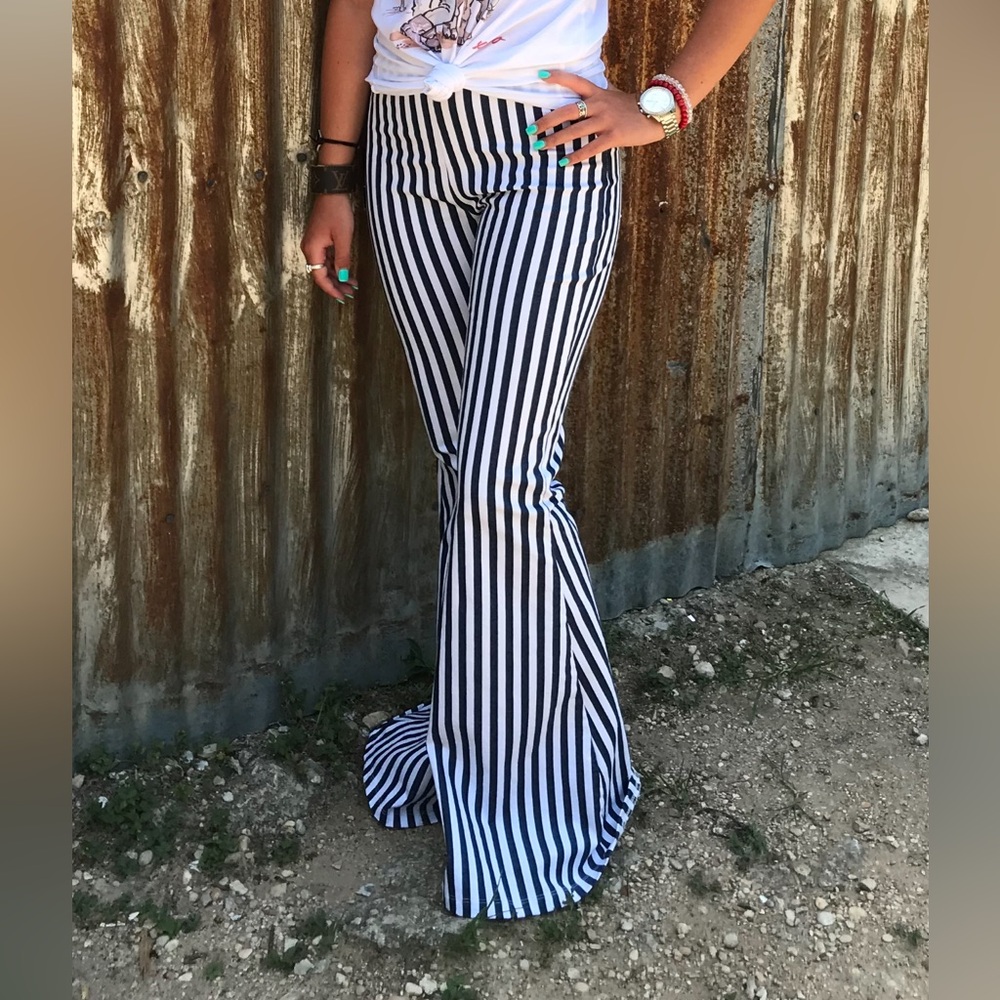 Turquoise Haven High Waisted Strip Bell Bottoms. Small